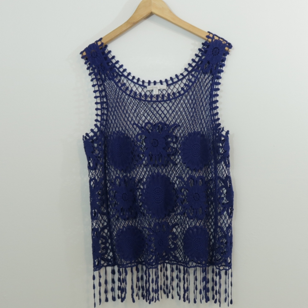 Fever Navy Crochet Net Embroidered Fringe Boho Top